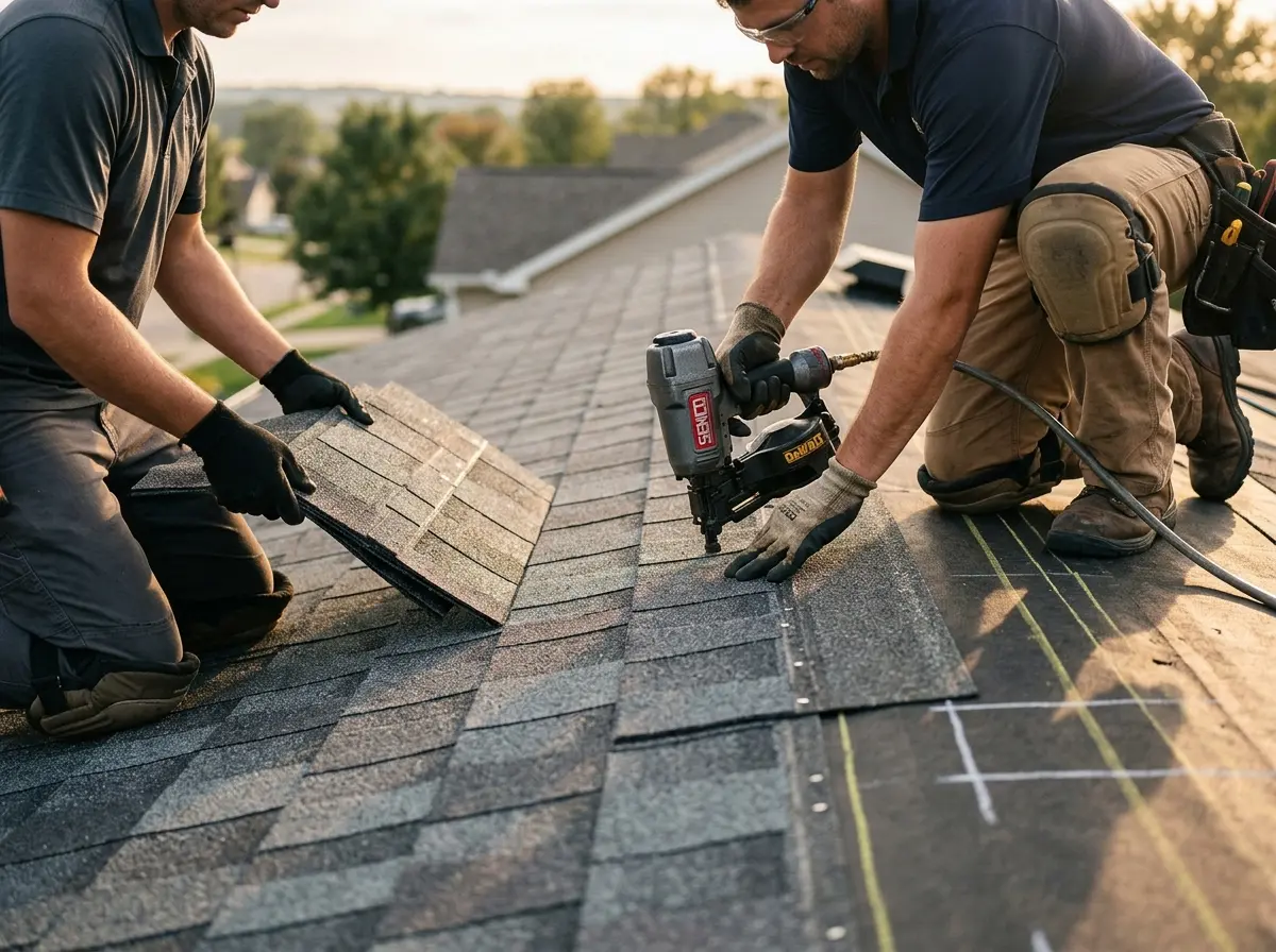 Professional roofer working on a residential roof in Broken Arrow